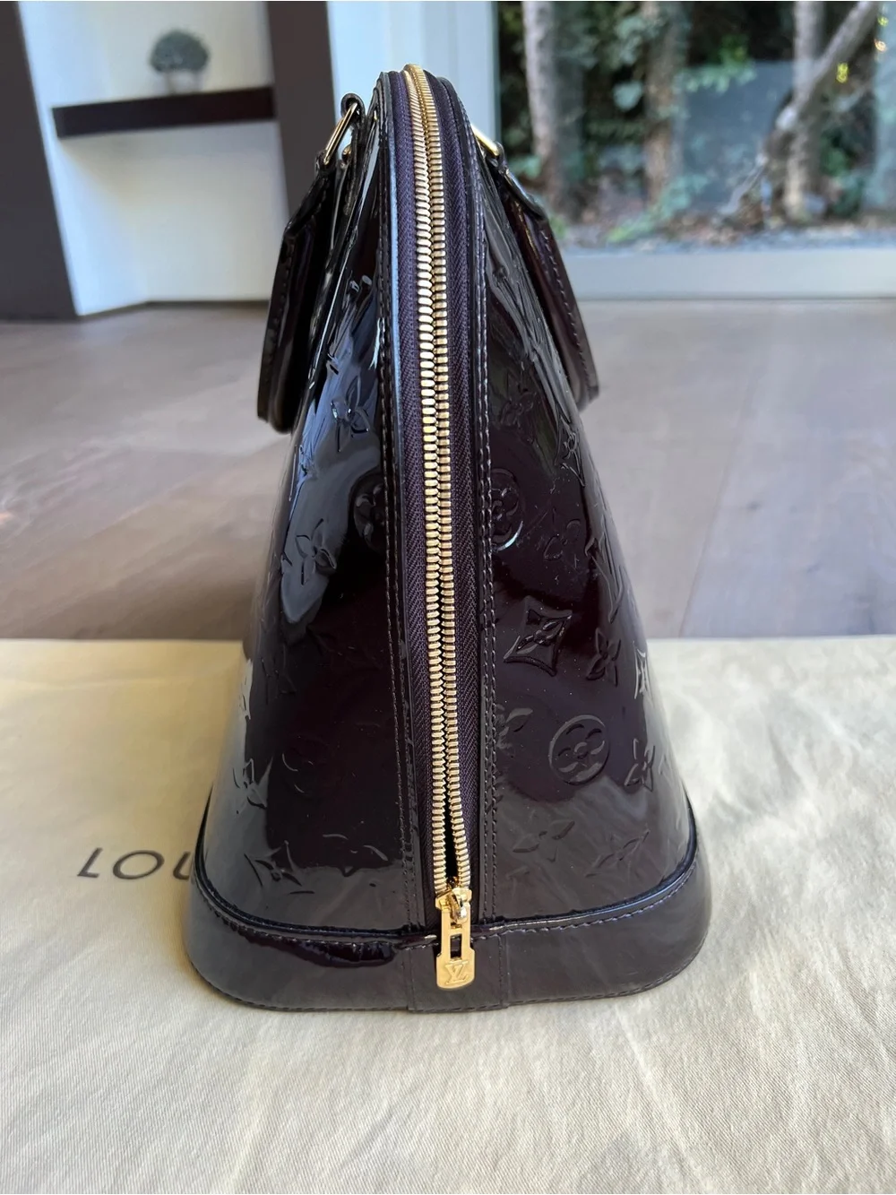 Louis Vuitton Patent Vernis Alma MM Satchel in Deep Burgundy